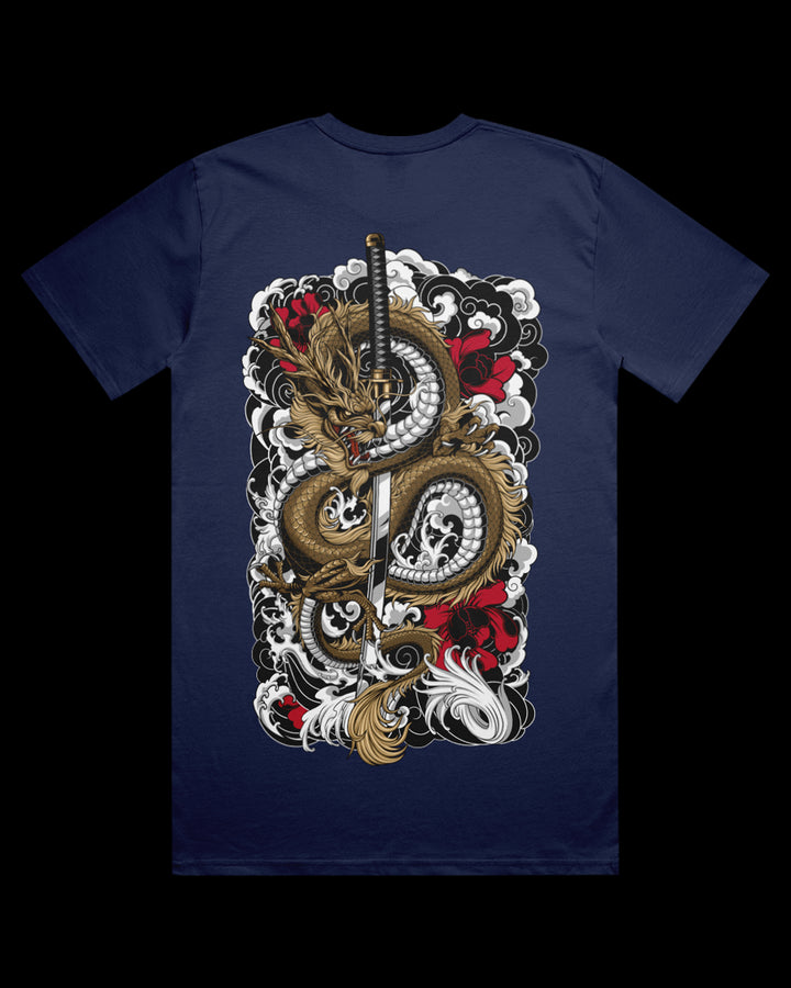 cobalt t-shirt with a dragon and sword design on the back.