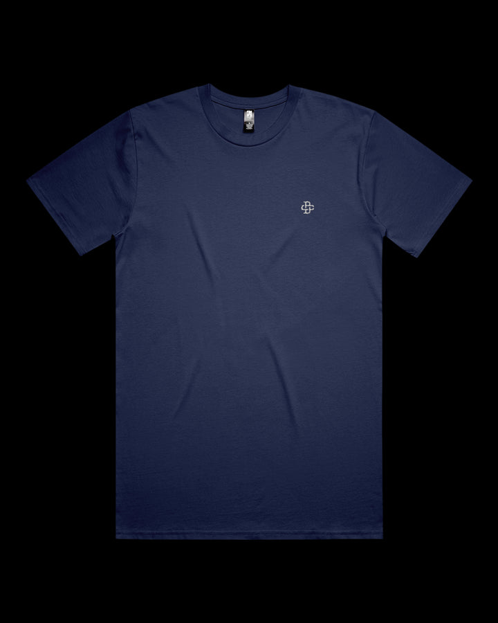 cobalt relaxed t-shirt with a small logo on a black background