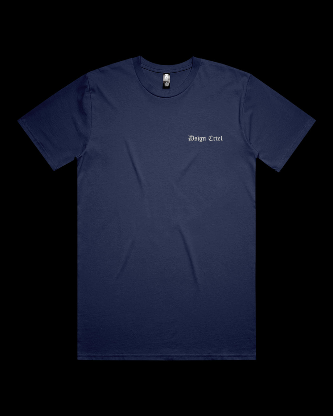cobalt blue t-shirt with a brand logo on a black background