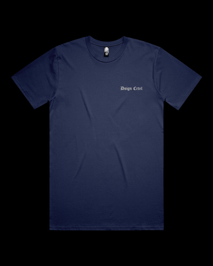cobalt blue t-shirt with a brand logo on a black background