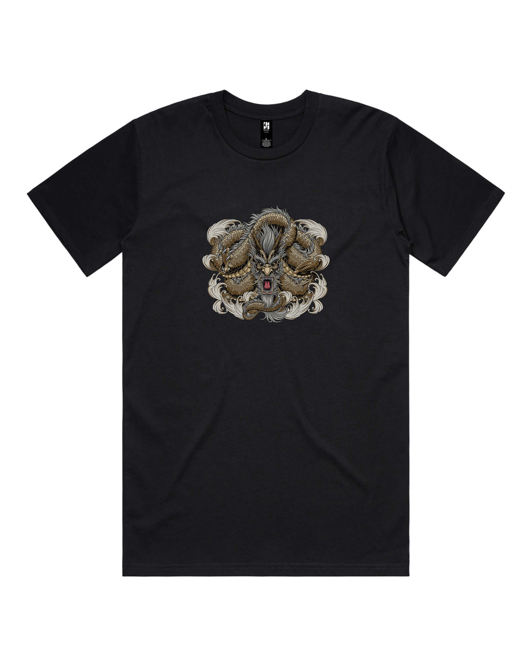 Black graphic t-shirt with gold coiled dragon centre chest print