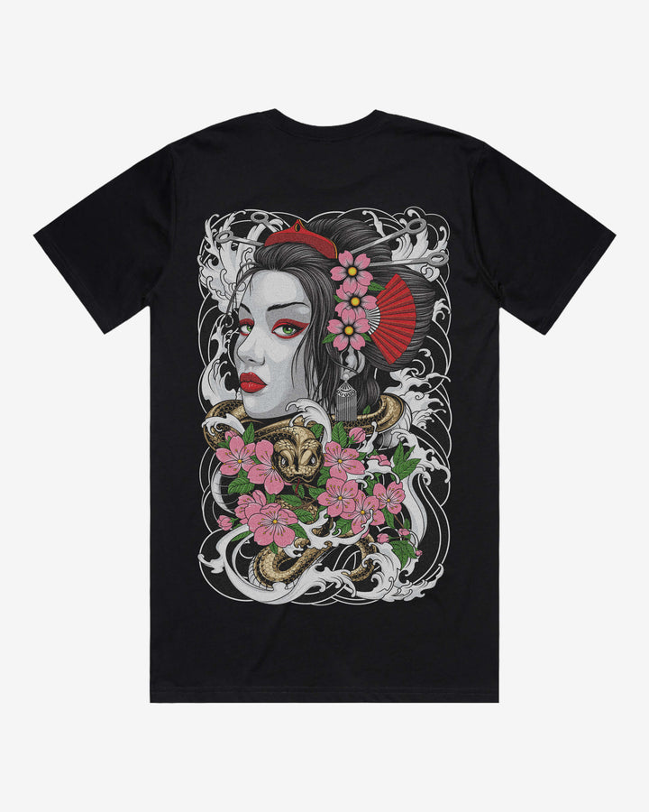 Coiled Geisha Relaxed Fit Graphic Tee With Large Japanese Tattoo Inspired Back Print