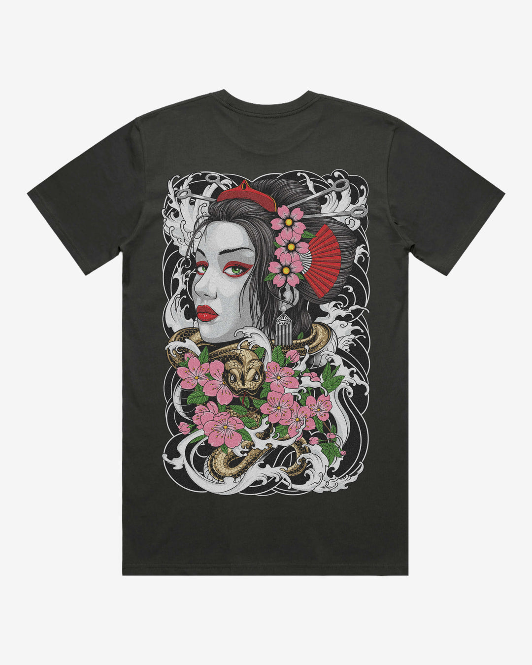 Coiled Geisha Relaxed Fit Graphic Tee With Large Japanese Tattoo Inspired Back Print