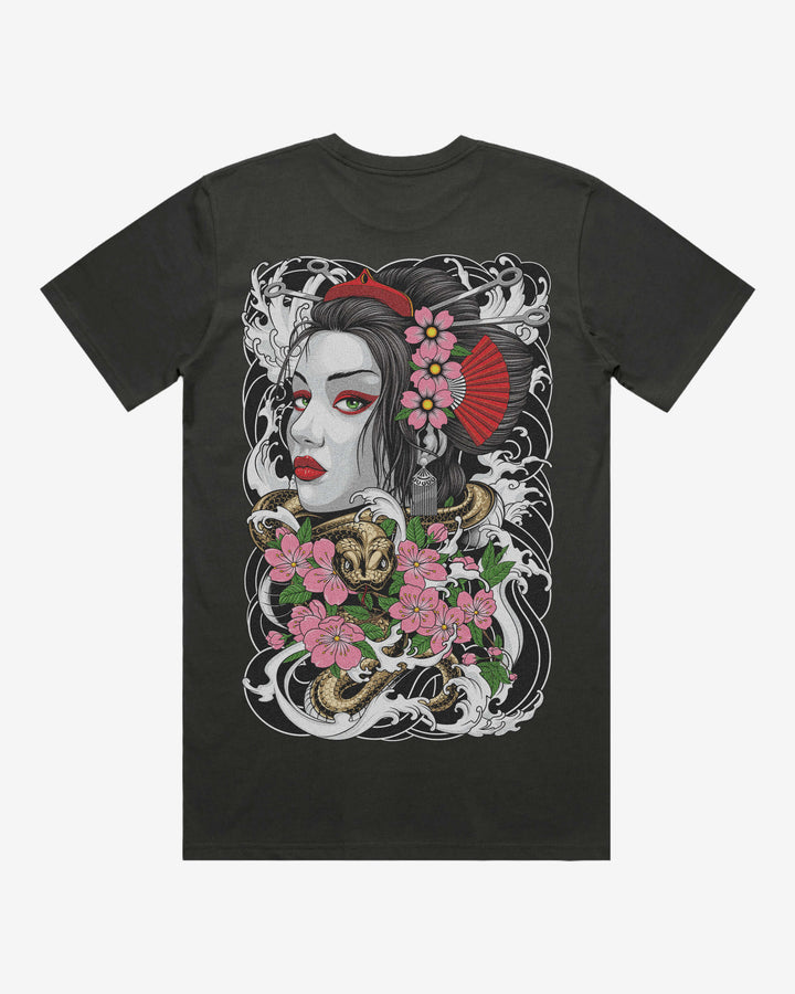 Coiled Geisha Relaxed Fit Graphic Tee With Large Japanese Tattoo Inspired Back Print