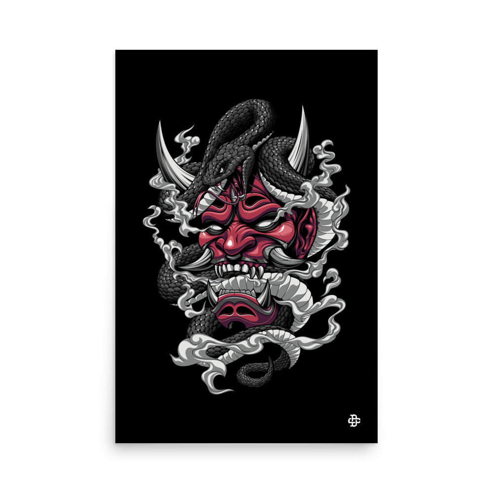 japanese oni mask with snake art poster