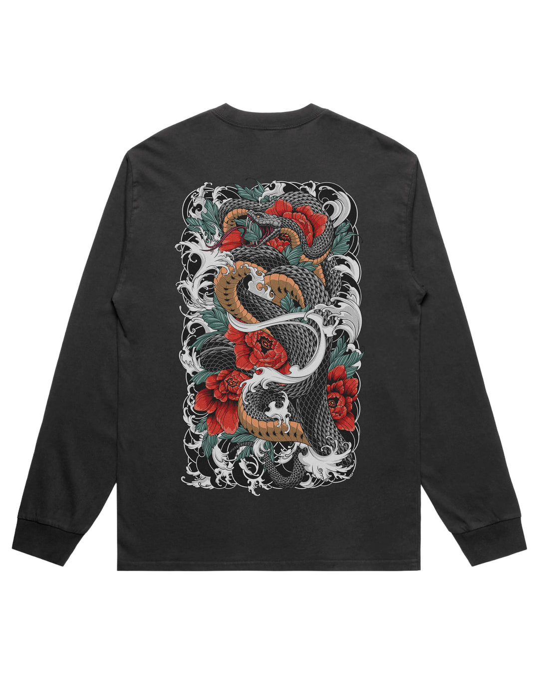 Men's Coiled Snake long sleeve graphic T-shirt features original in-house artwork inspired by Irezumi Artistry.