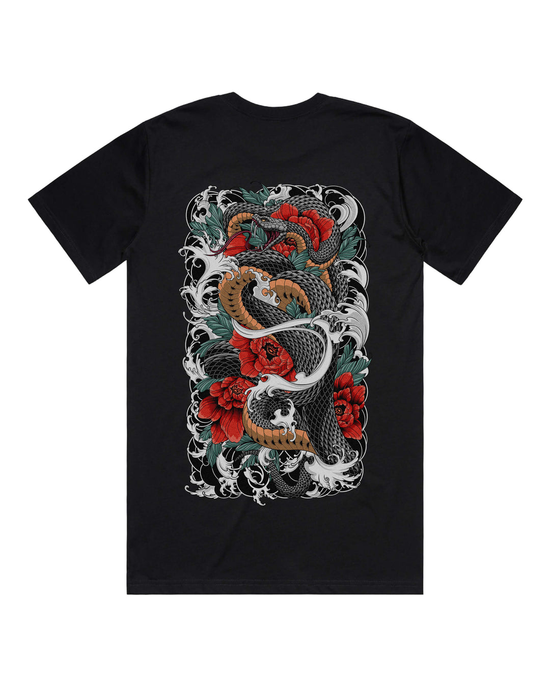 Black graphic t-shirt with large coiling snake around flowers back print