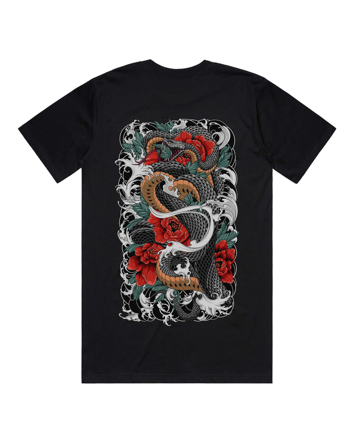 Black graphic t-shirt with large coiling snake around flowers back print
