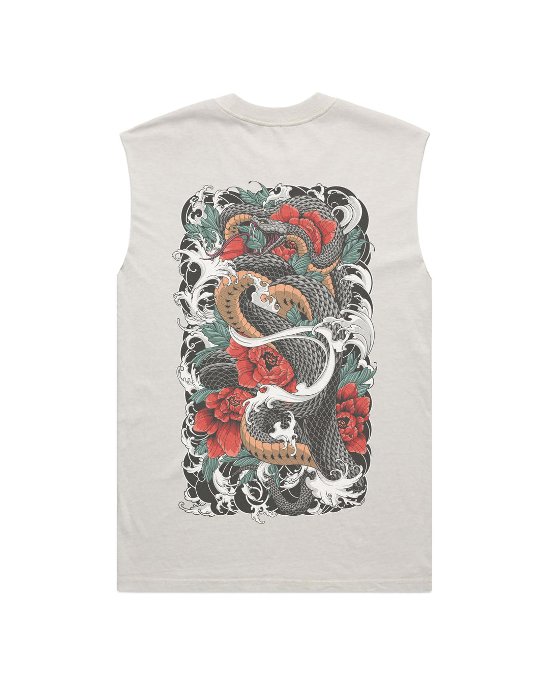 Coiled Snake men’s faded bone graphic tank top features original in-house artwork inspired by irezumi influence. The design combines snake, flowers, snake and waves, drawing from Japanese tattoo art, folklore and traditional illustration.