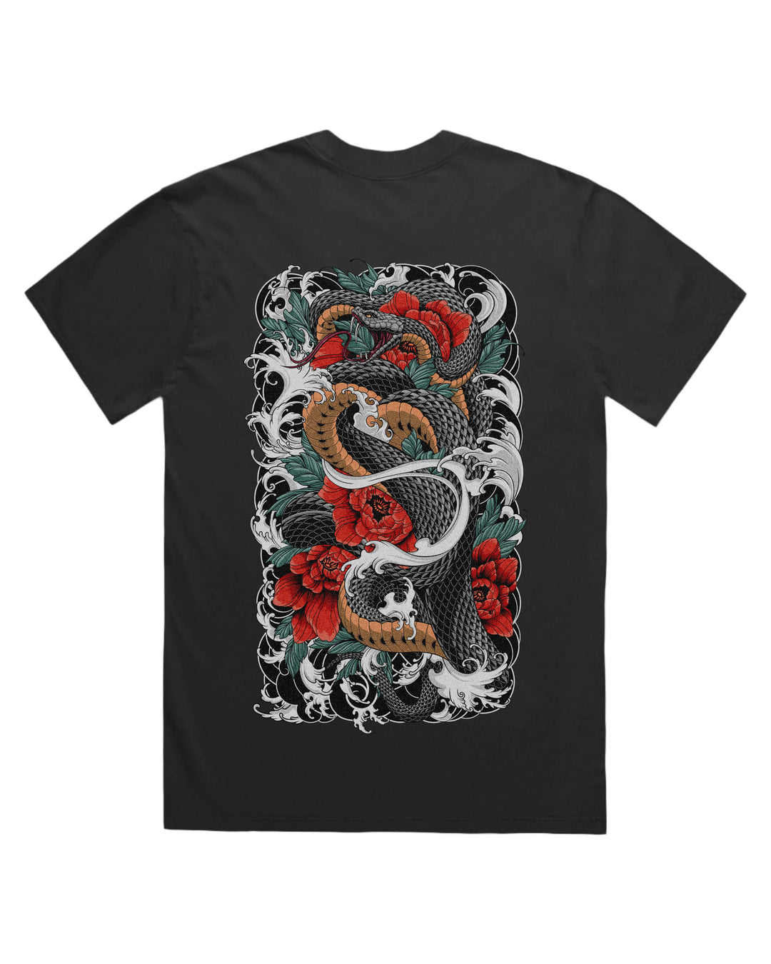 Faded black t-shirt with irezumi snake and flowers back print artwork