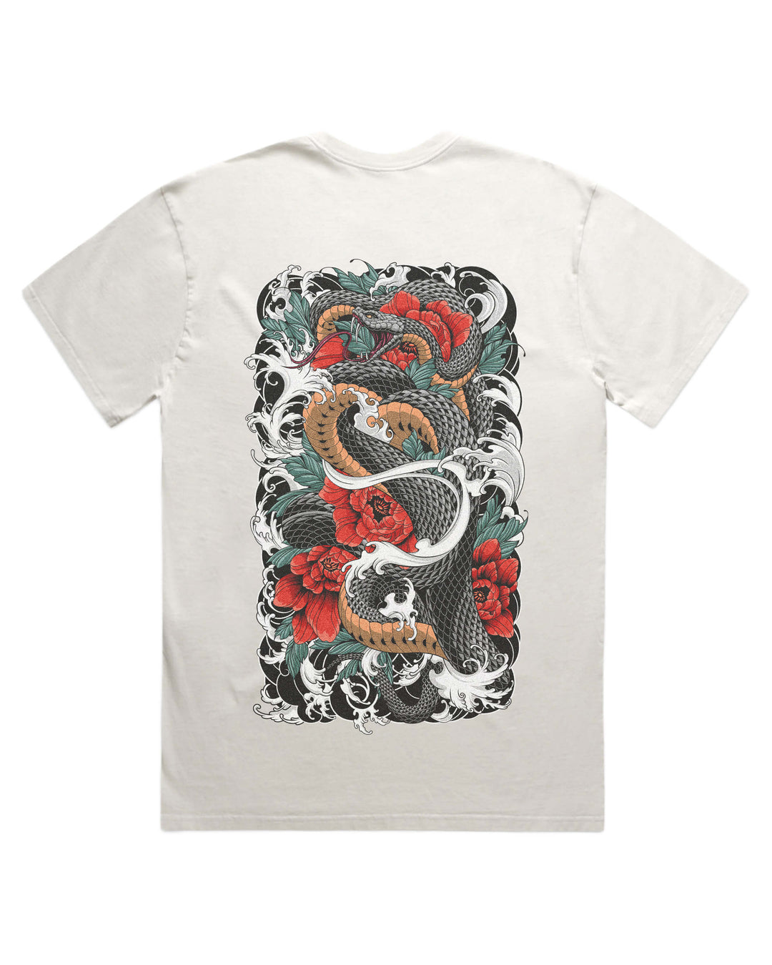 Faded bone t-shirt with irezumi snake and flowers back print artwork