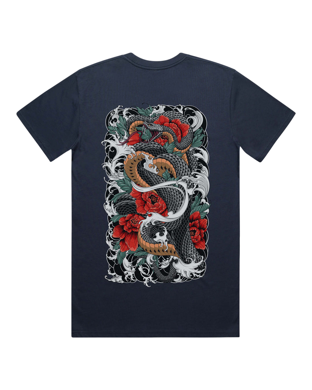 Midnight blue graphic t-shirt with large coiling snake around flowers back print