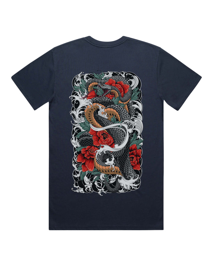 Midnight blue graphic t-shirt with large coiling snake around flowers back print
