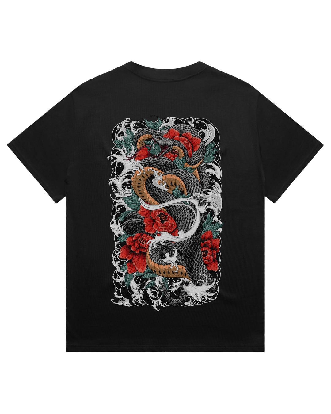 Oversized black t-shirt featuring large snake coiling around foliage print