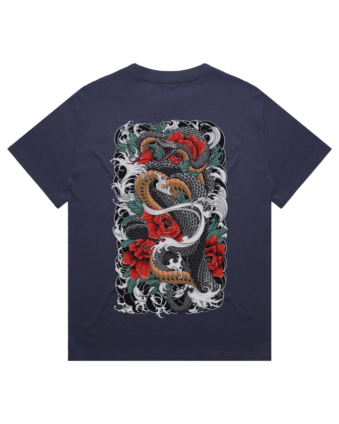 Oversized midnight blue t-shirt featuring large snake coiling around foliage print