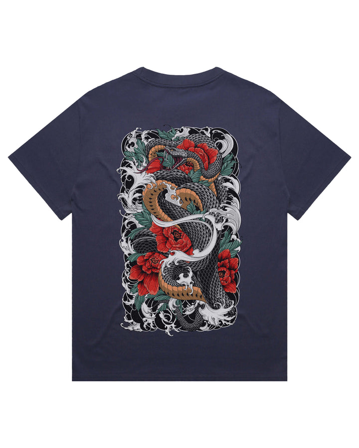 Oversized midnight blue t-shirt featuring large snake coiling around foliage print