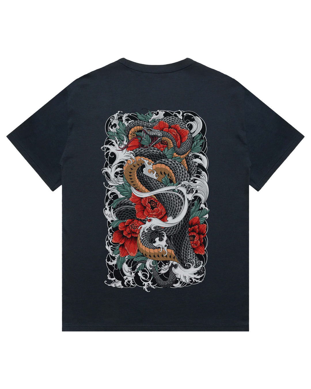 Oversized navy t-shirt featuring large snake coiling around foliage print