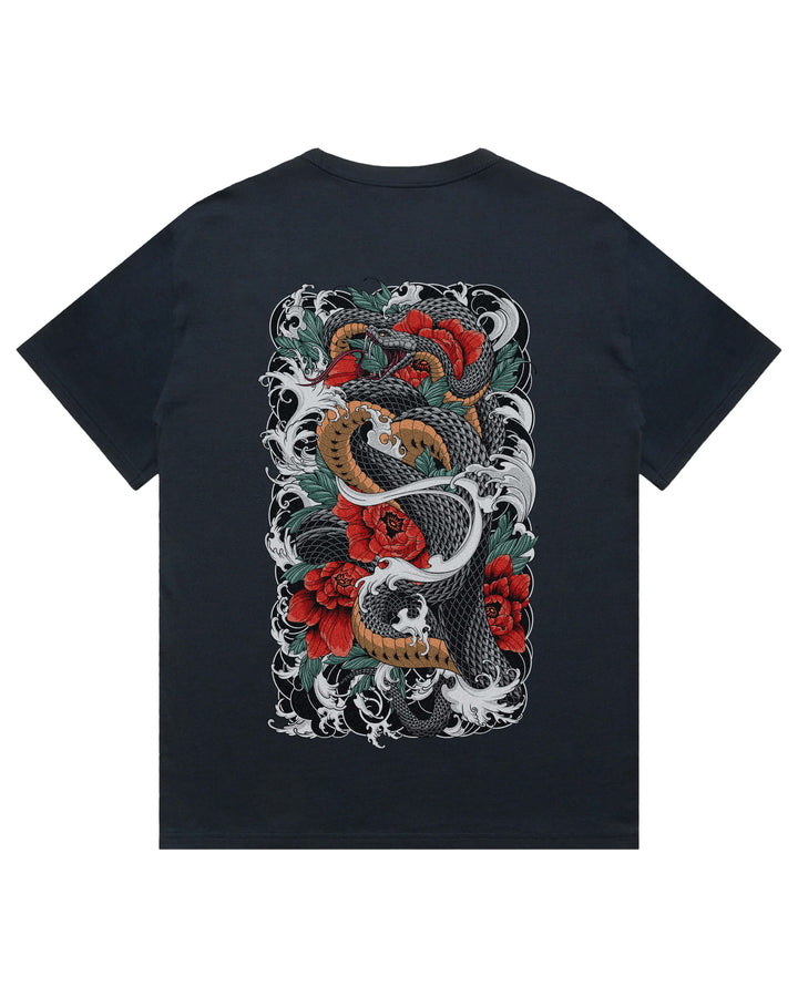Oversized navy t-shirt featuring large snake coiling around foliage print