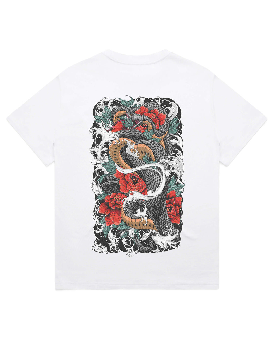 Oversized white t-shirt featuring large snake coiling around foliage print