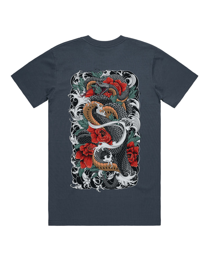 Petrol blue graphic t-shirt with large coiling snake around flowers back print