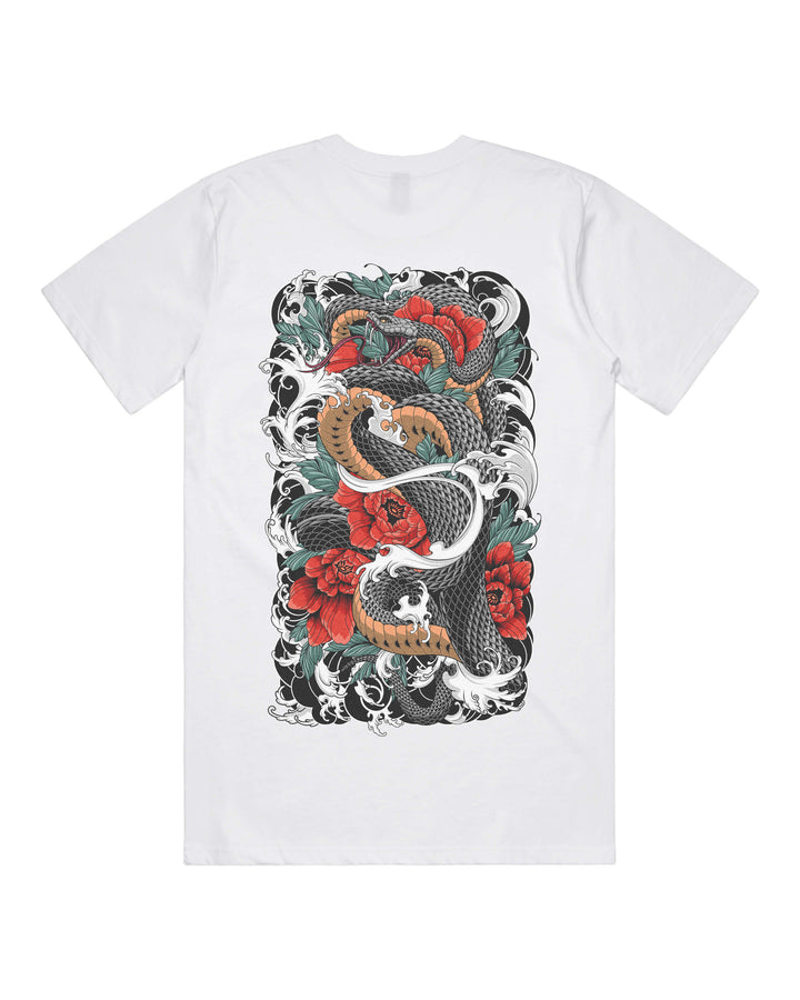 A white short-sleeve crewneck t-shirt featuring a large, detailed graphic print on the front. The graphic depicts a traditional Japanese tattoo style design with a black and gray snake, red roses, and green leaves, set against a clean white background.