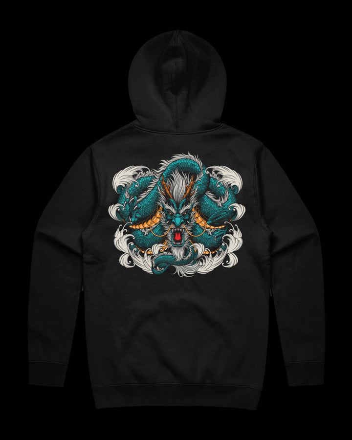 Coiled Dragon Tattoo-Inspired Heavyweight Hoodie with traditional Japanese dragon design