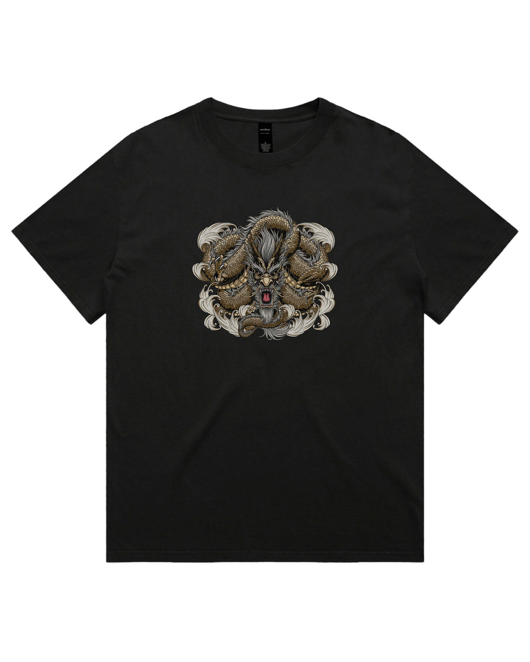 Oversized black t-shirt with Japanese gold coiled dragon centre chest graphic print