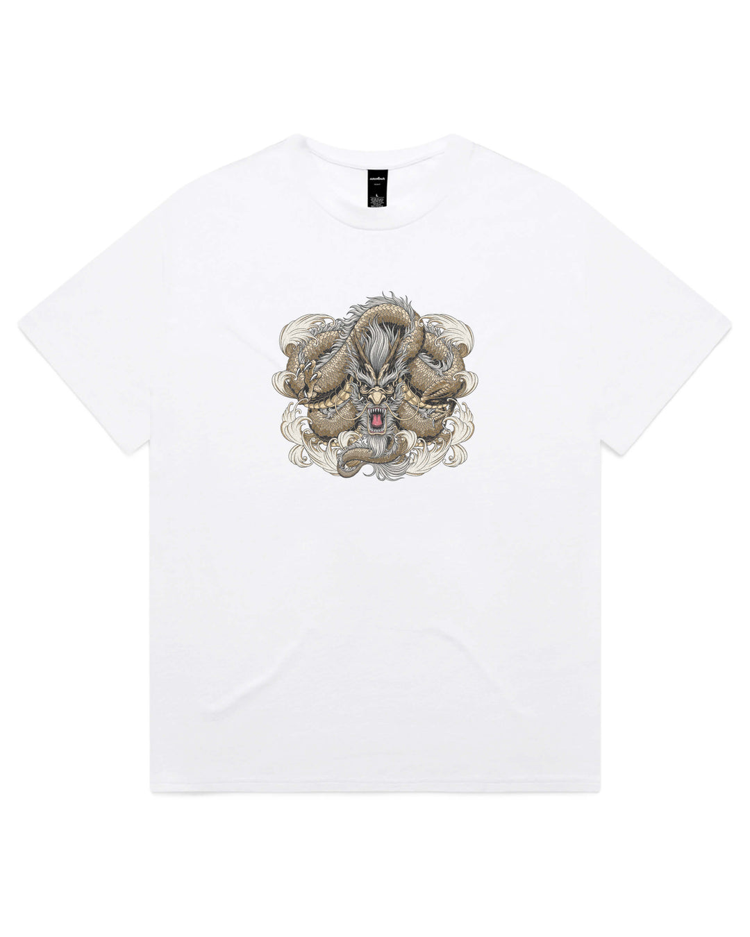 Oversized white t-shirt with Japanese gold coiled dragon centre chest graphic print