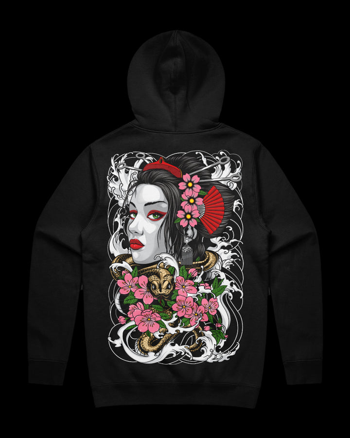 Black hoodie with a detailed design of a woman's face, flowers, and traditional elements on the back.
