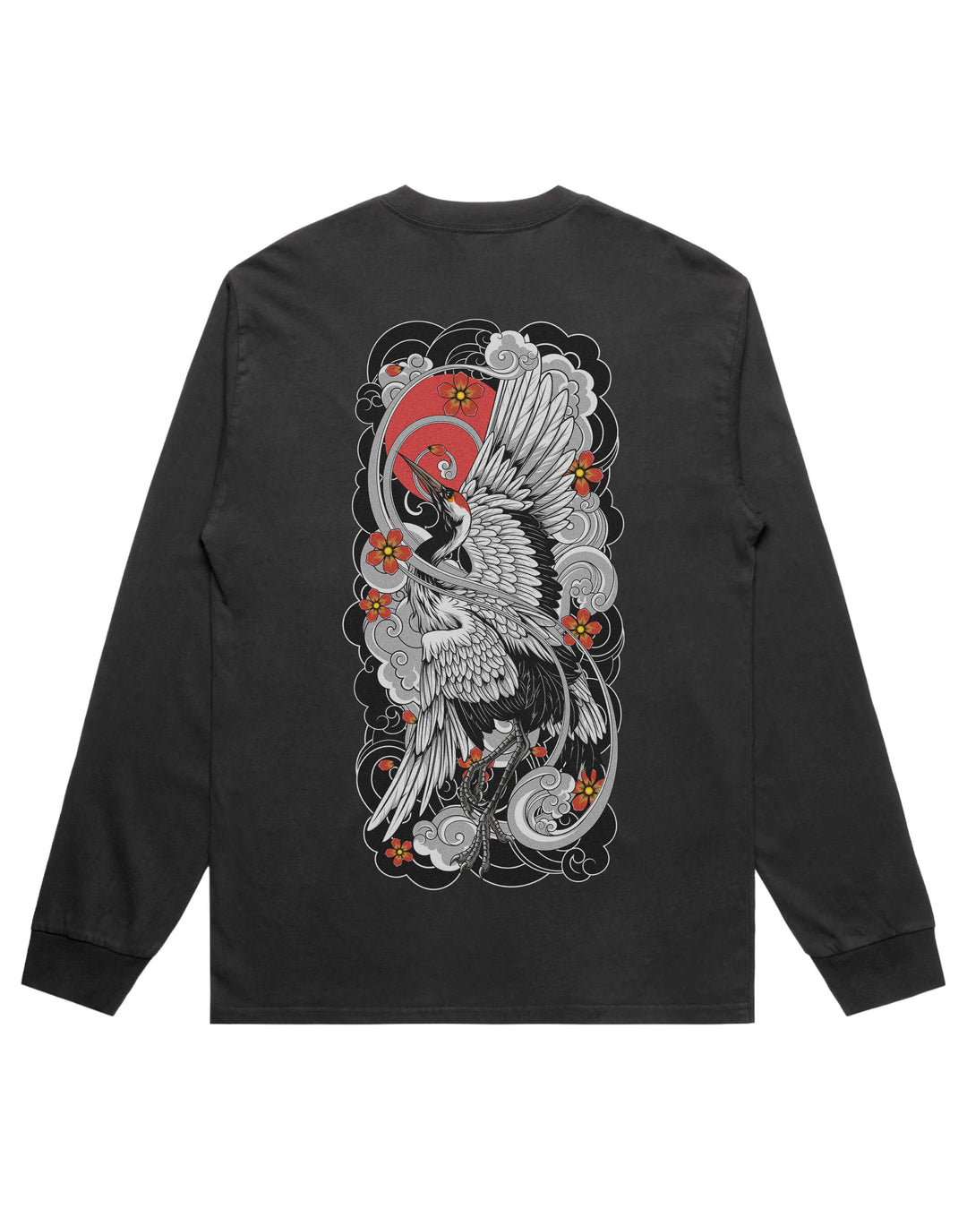 Men's Crane long sleeve graphic T-shirt features original in-house artwork inspired by Irezumi Artistry.