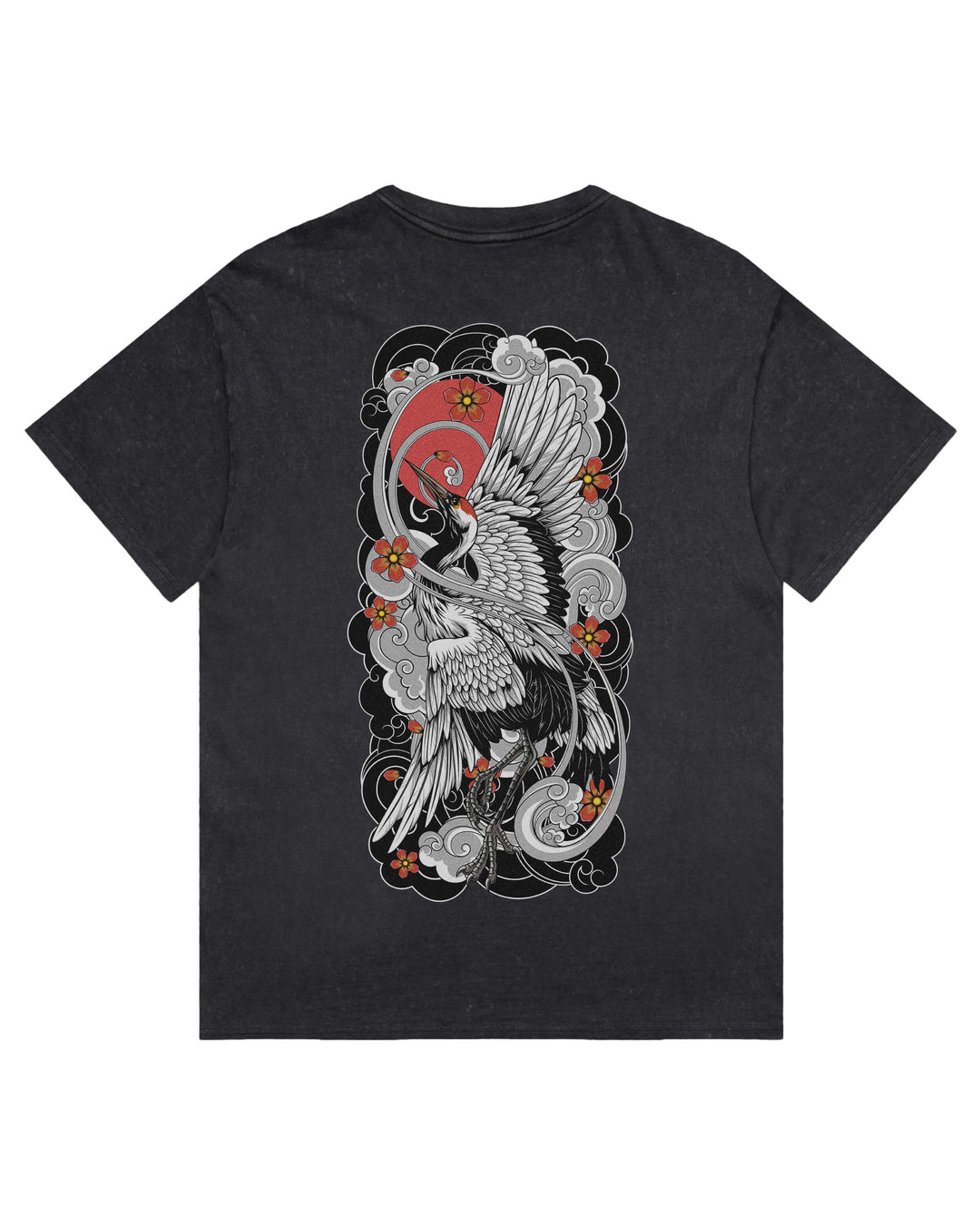 A black stone wash crew t-shirt with a large graphic print on the back featuring a Japanese tattoo style crane, red sun, and gray clouds.