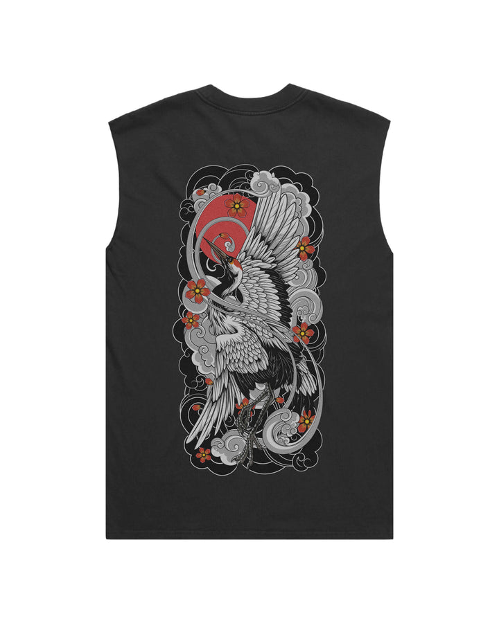 Crane Faded Black men’s graphic tank top features original in-house artwork inspired by traditional tattoo. The design combines crane, sun and clouds, drawing from Japanese tattoo art, folklore and traditional illustration.
