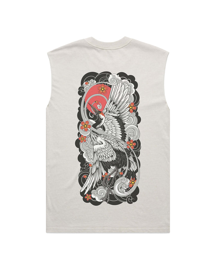 Crane men’s faded bone graphic tank top features original in-house artwork inspired by irezumi influence. The design combines rising crane, sun and clouds, drawing from Japanese tattoo art, folklore and traditional illustration.