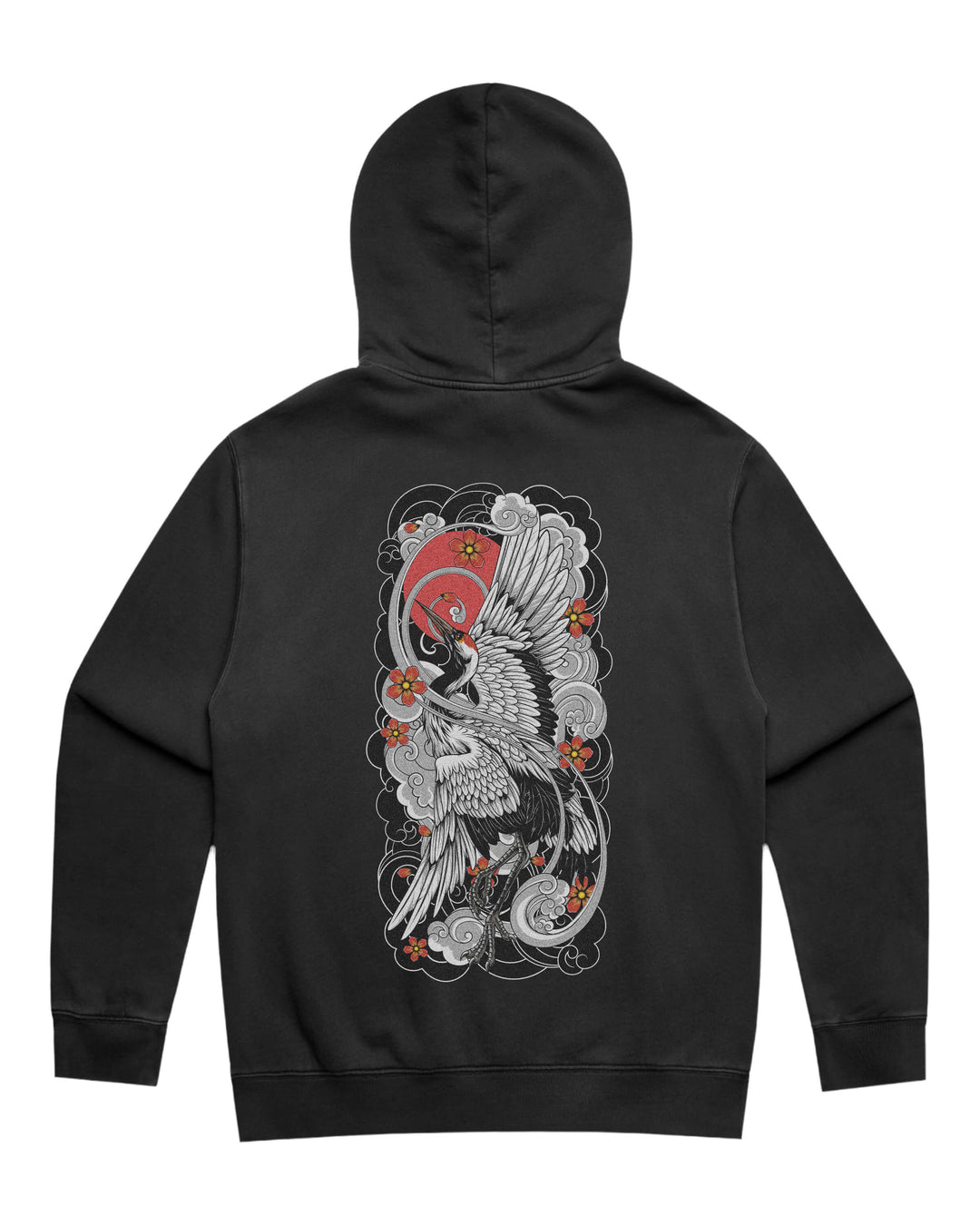 Faded black hoodie with in-house created large irezumi rising crane back print