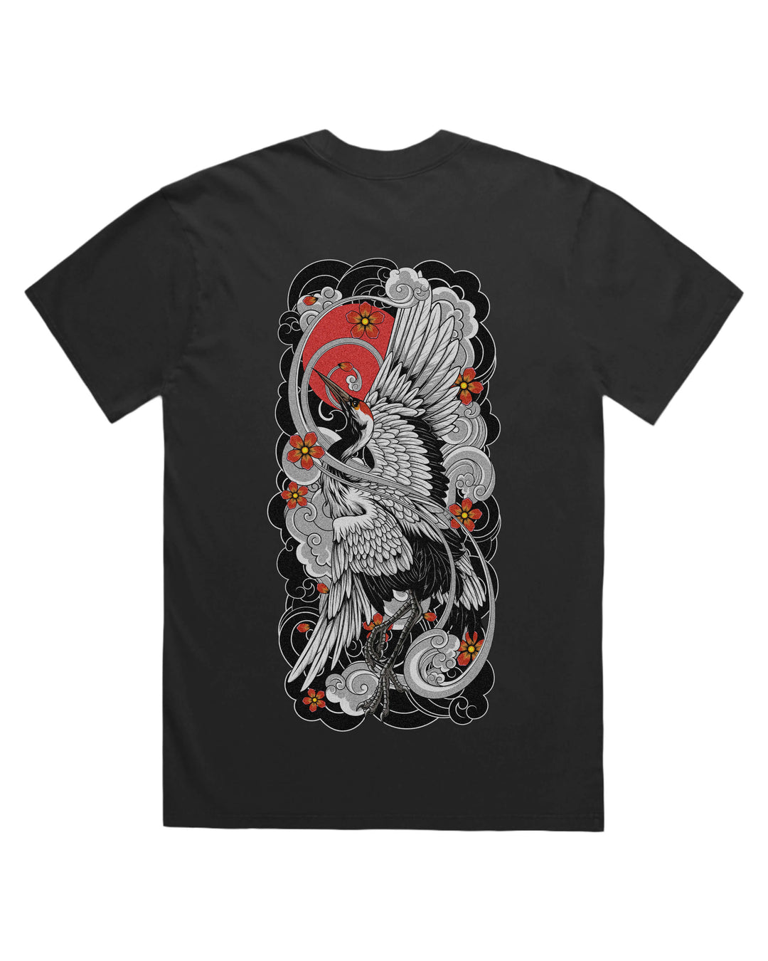 Faded Black T-Shirt with irezumi inspired rising crane back print artwork