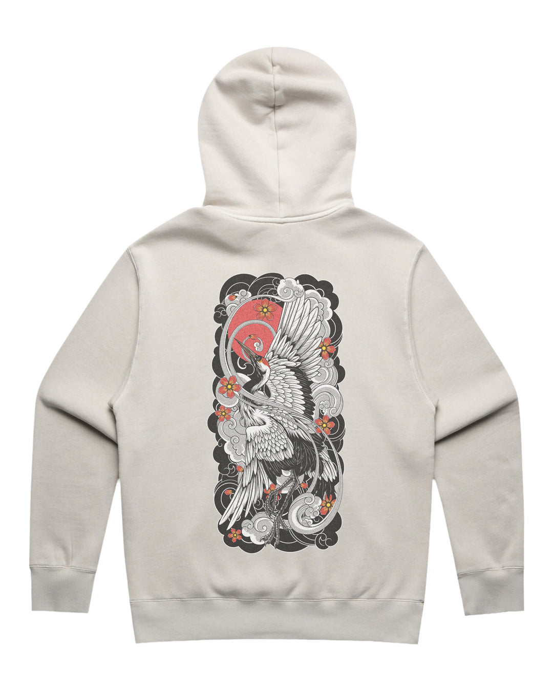 Faded bone hoodie with in-house created large irezumi rising crane back print