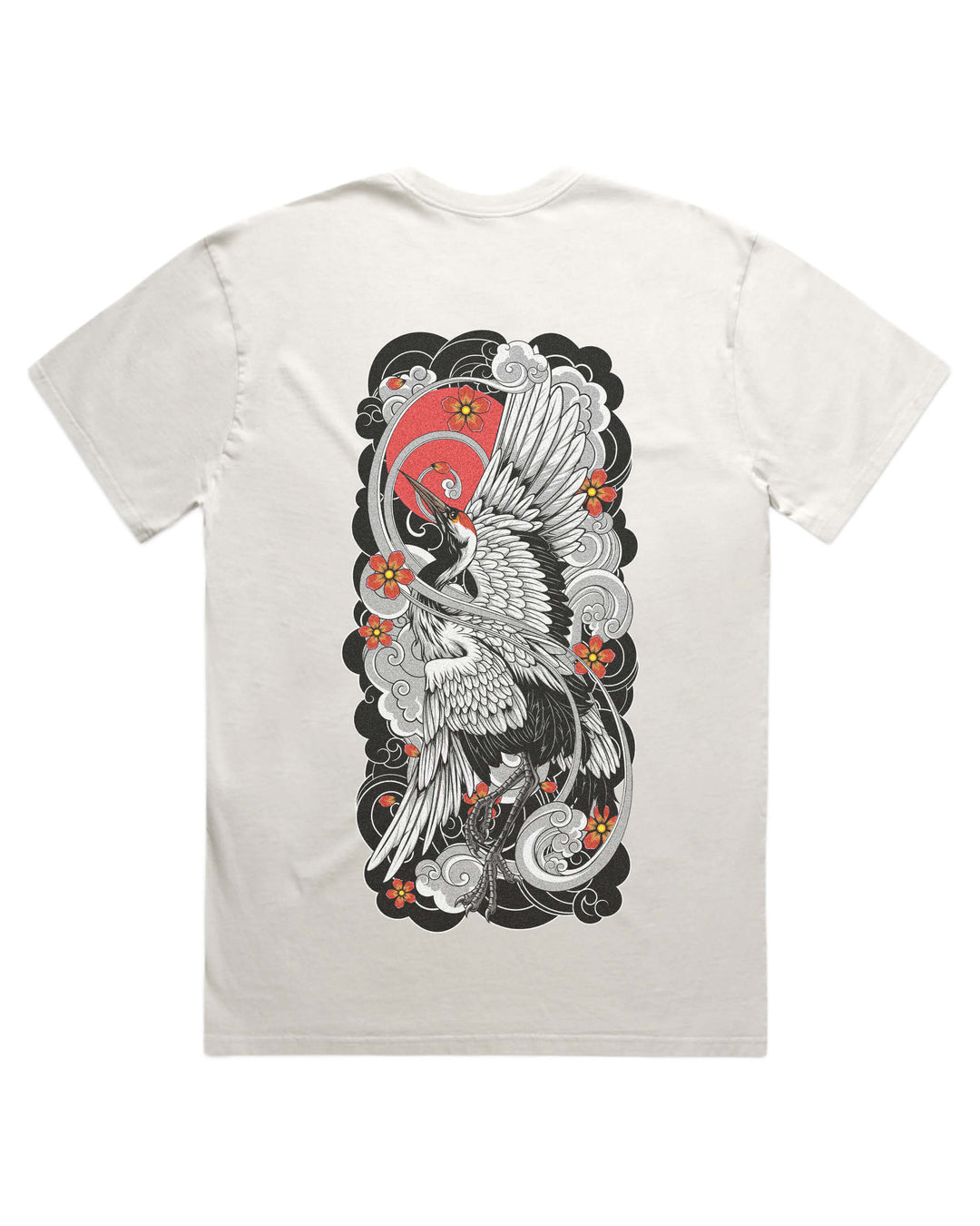 Faded Bone T-Shirt with irezumi inspired rising crane back print artwork