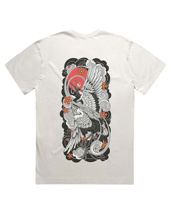Faded Bone T-Shirt with irezumi inspired rising crane back print artwork