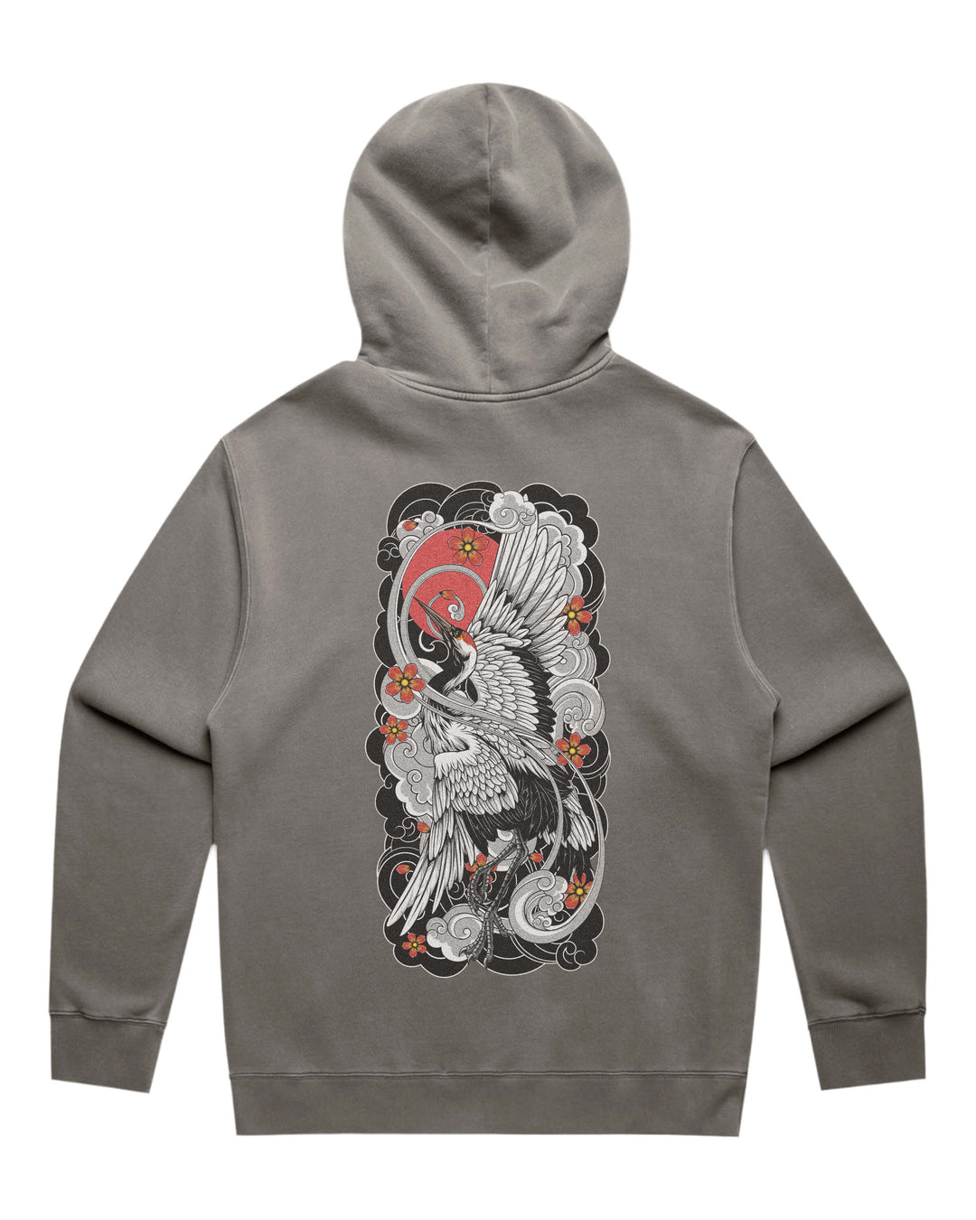 Faded grey hoodie with in-house created large irezumi rising crane back print