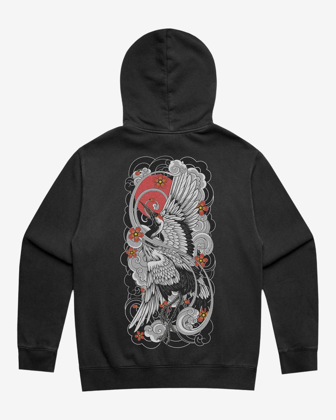Faded tattoo hoodie with a large crane back print, 320GSM relaxed fit and washed finish.