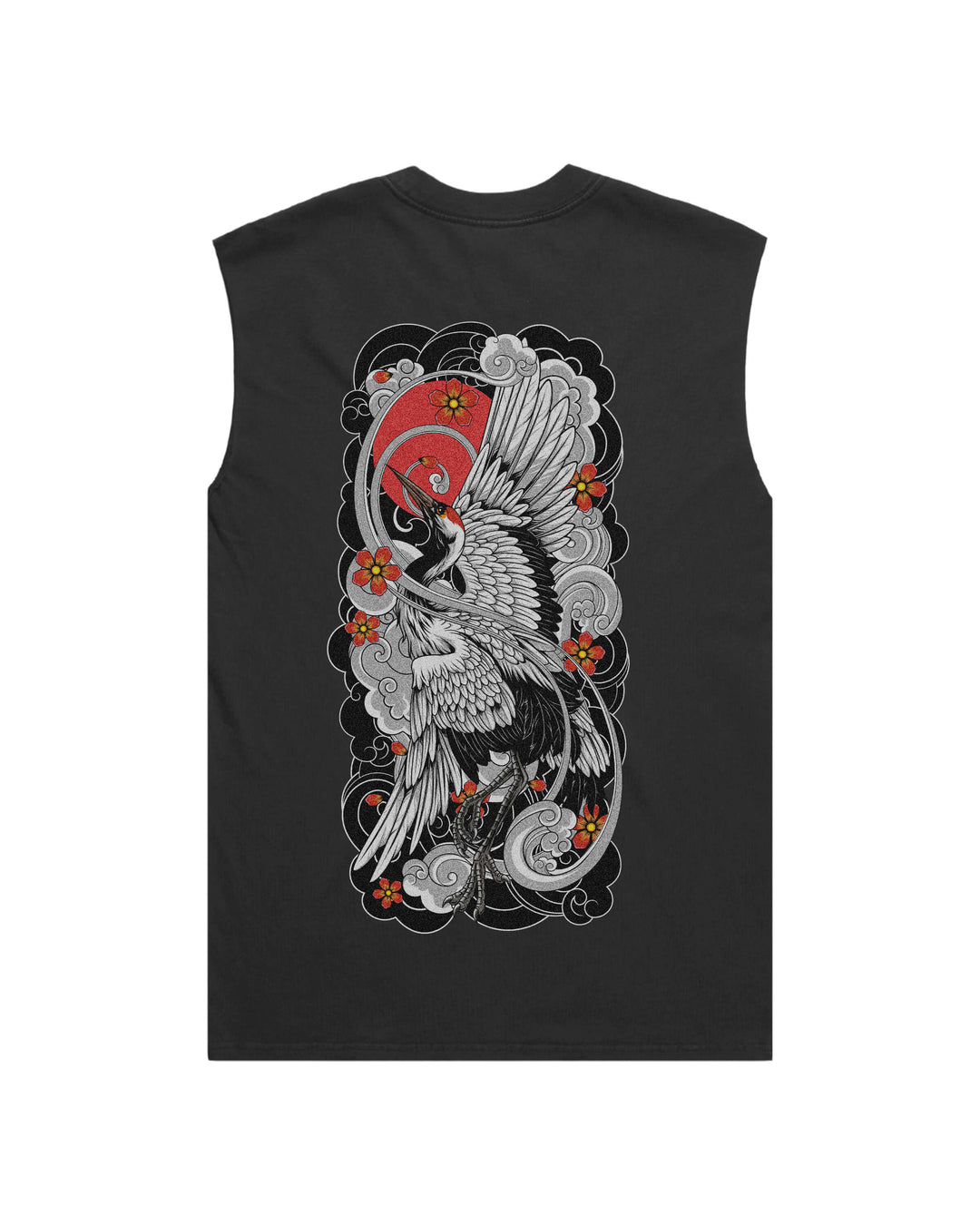 Faded black tank top with original in-house irezumi crane created artwork print