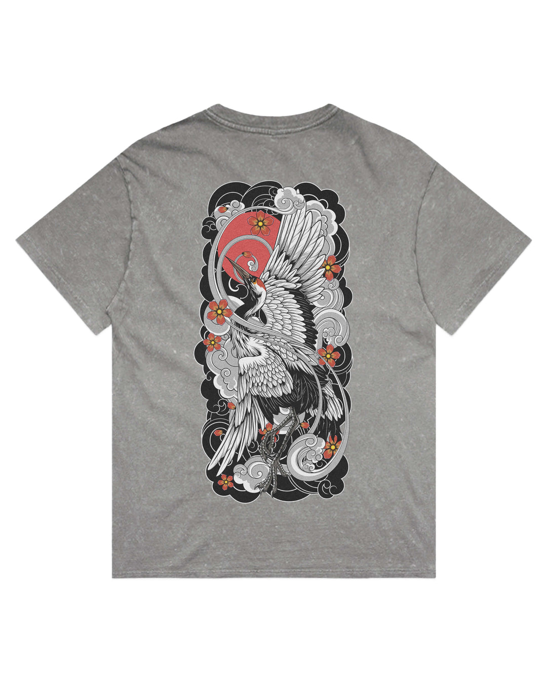 A stone wash grey short-sleeve t-shirt shown from the back, featuring a large Japanese-style crane graphic with black, white, red, and orange details.
