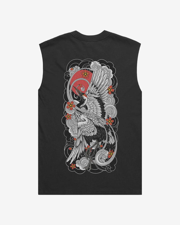 Irezumi Crane Faded Oversized Graphic Tank Top With Large Tattoo Inspired Graphic Print