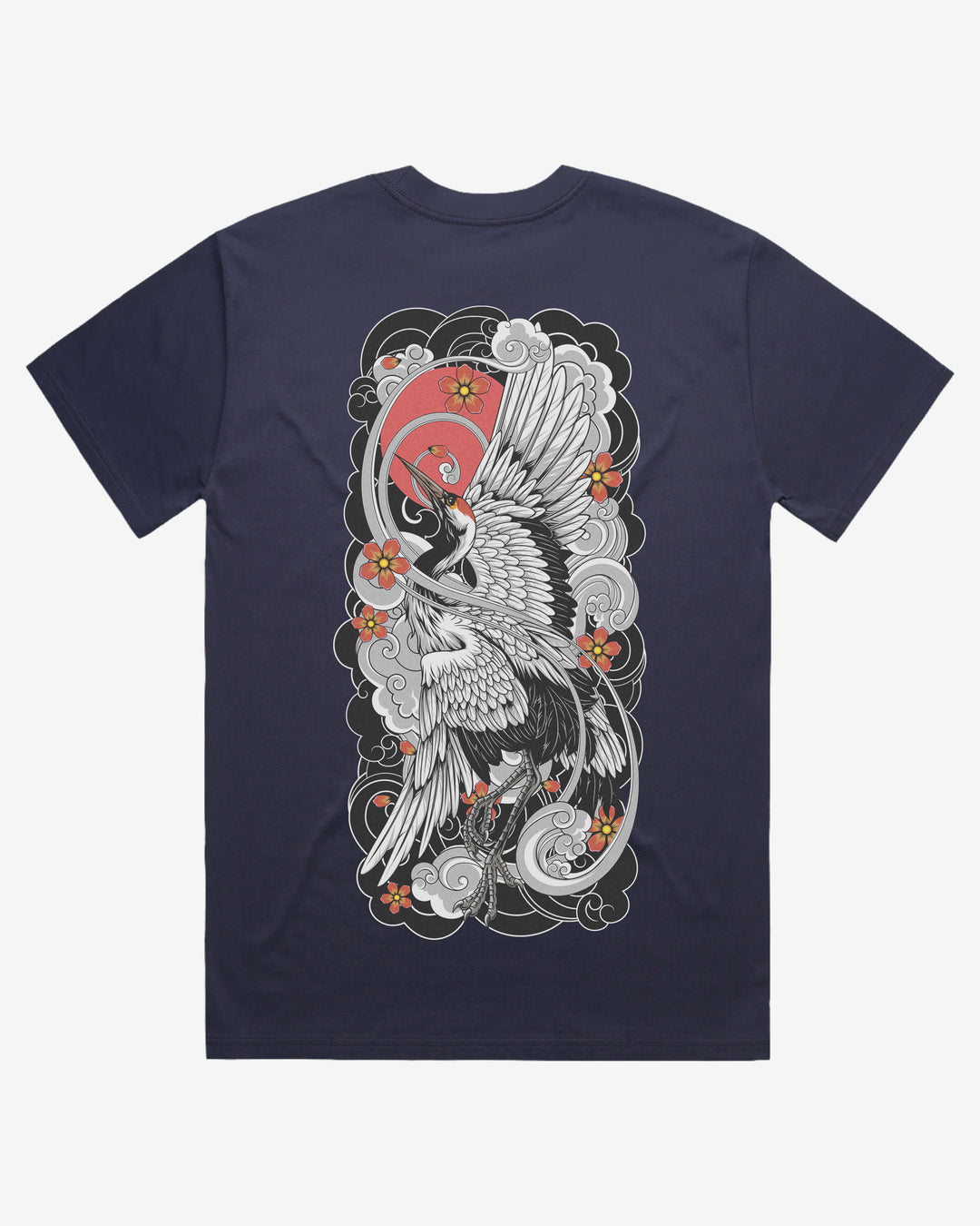midnight blue oversized graphic t-shirt with a white crane and floral design on a white background