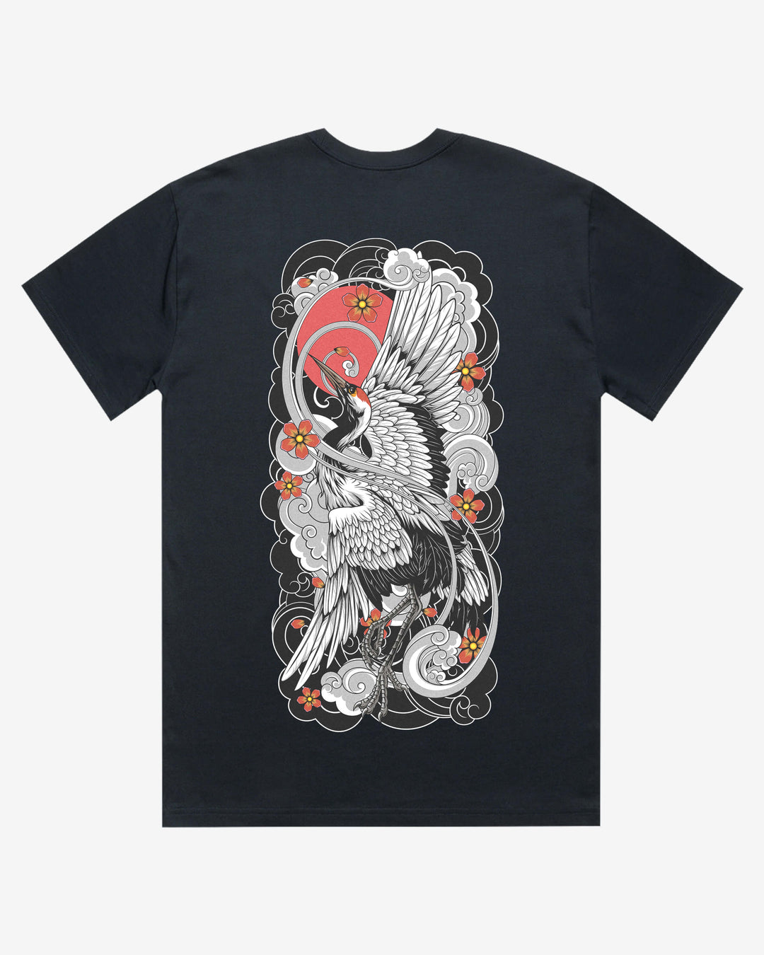 navy blue oversized graphic t-shirt with a white crane and floral design on a white background