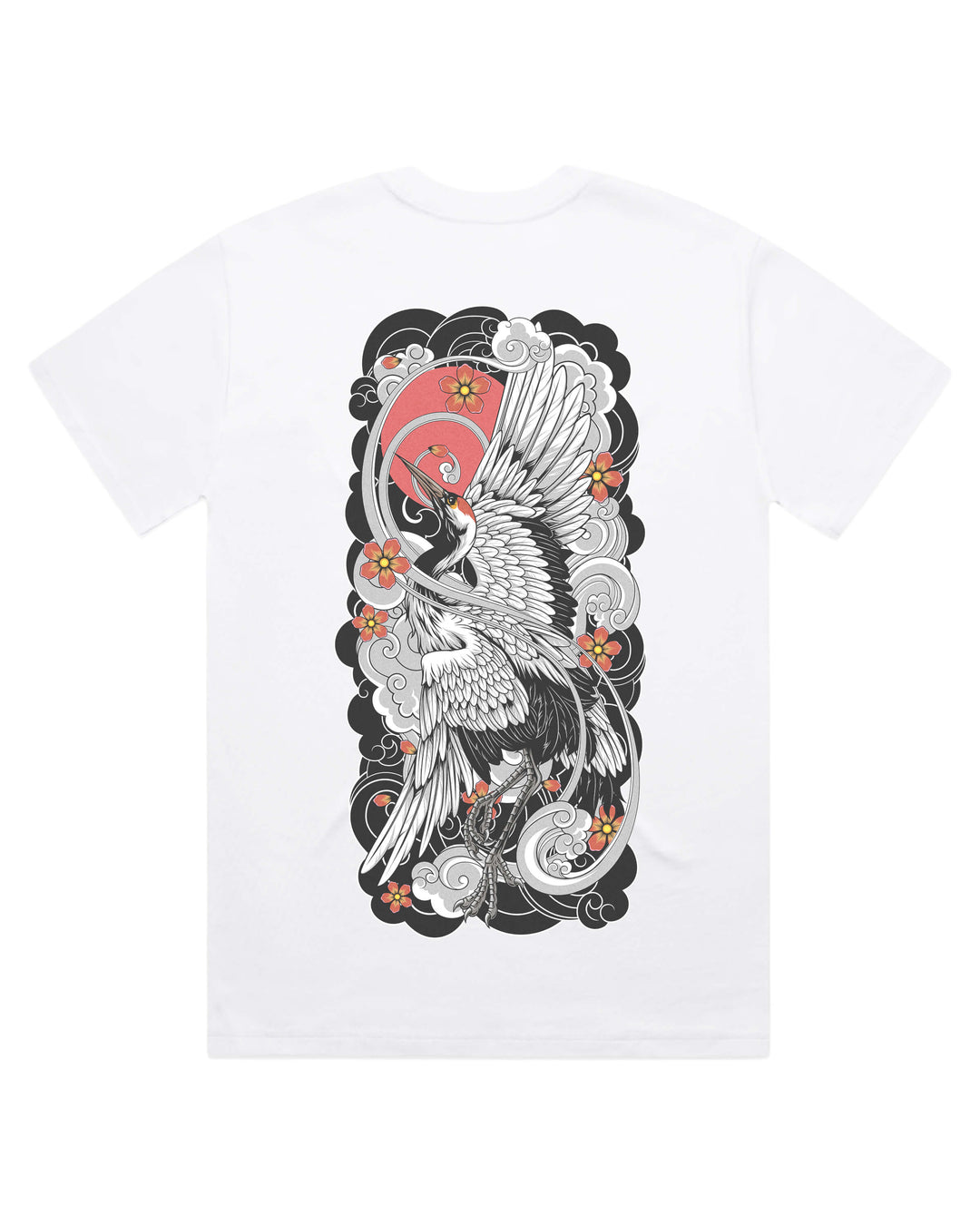 white oversized graphic t-shirt with a white crane and floral design on a white background