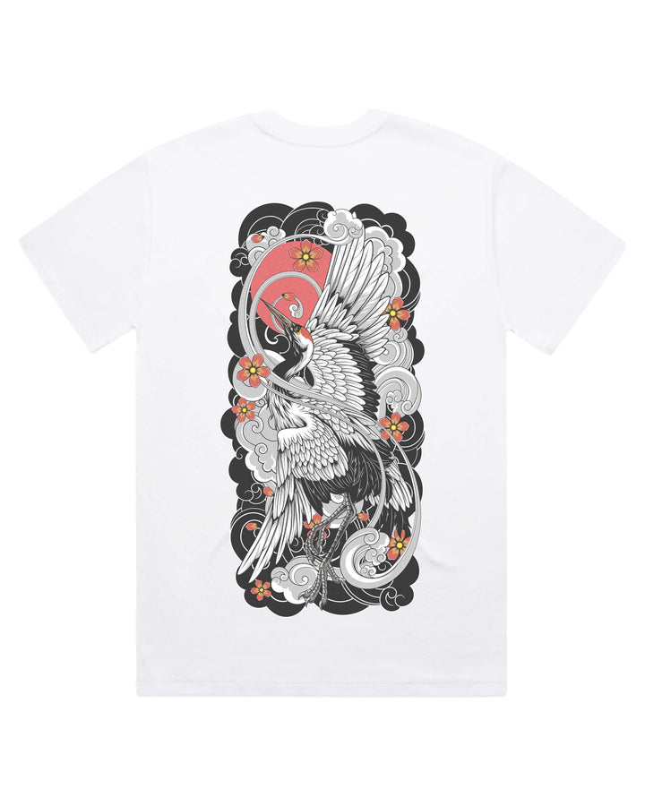 white oversized graphic t-shirt with a white crane and floral design on a white background