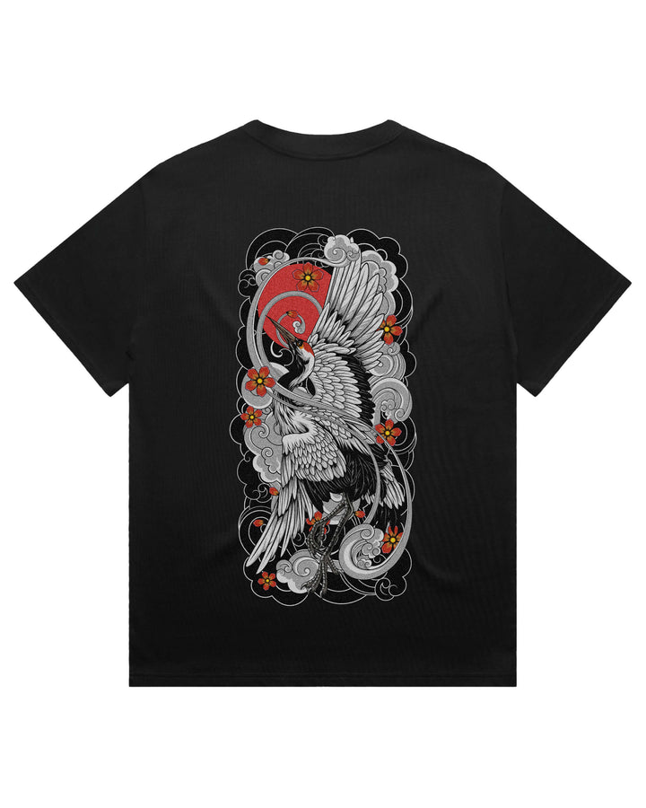 Oversized black t-shirt with irezumi inspired rising crane graphic print