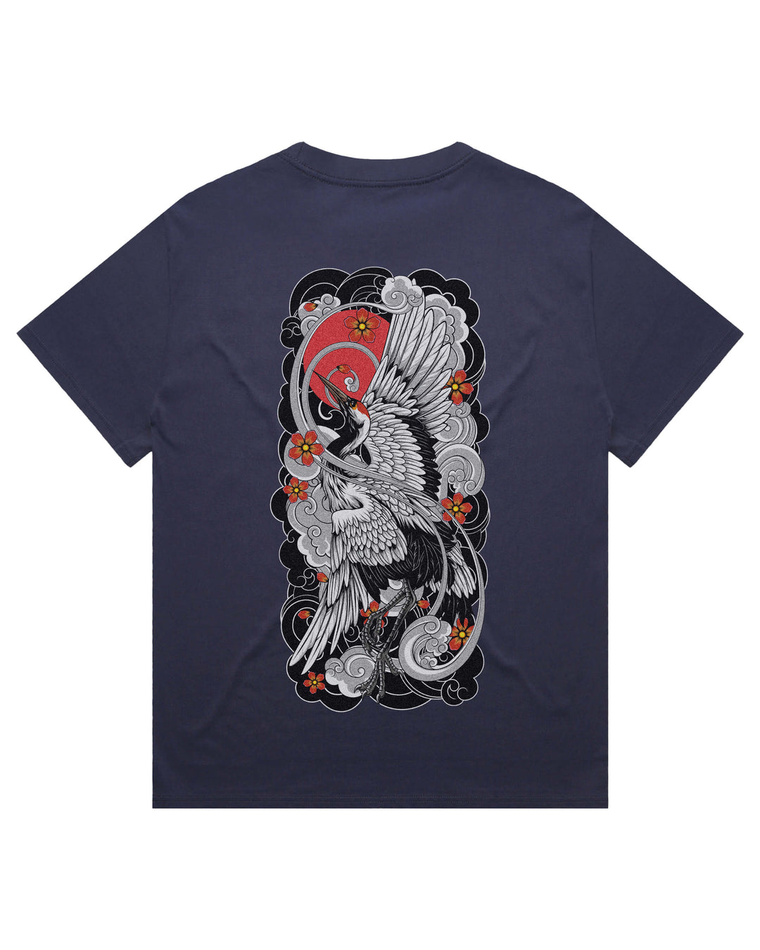 Oversized blue t-shirt with irezumi inspired rising crane graphic print