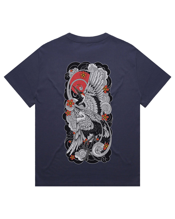 Oversized blue t-shirt with irezumi inspired rising crane graphic print
